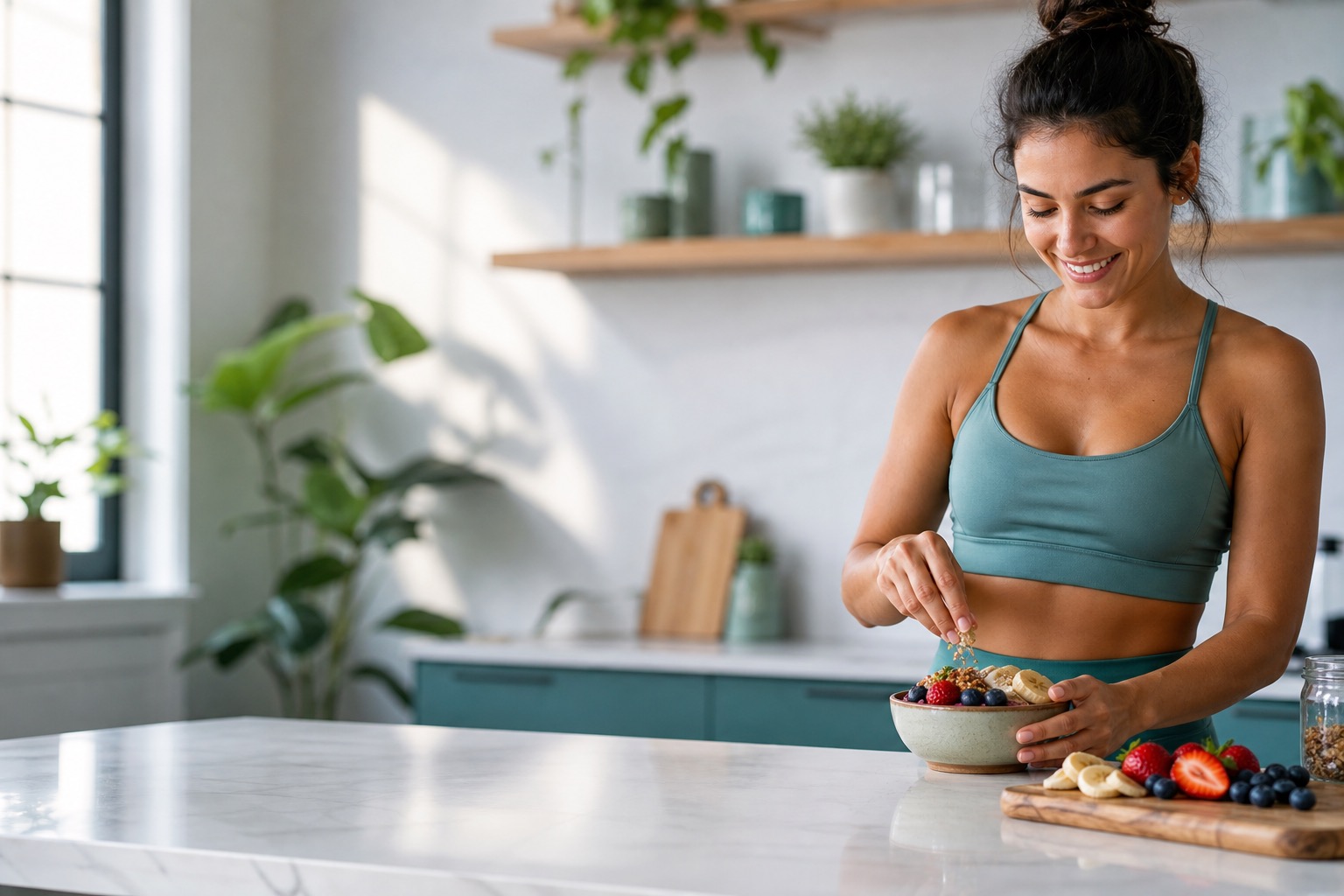 Person preparing a healthy meal in a bright modern kitchen