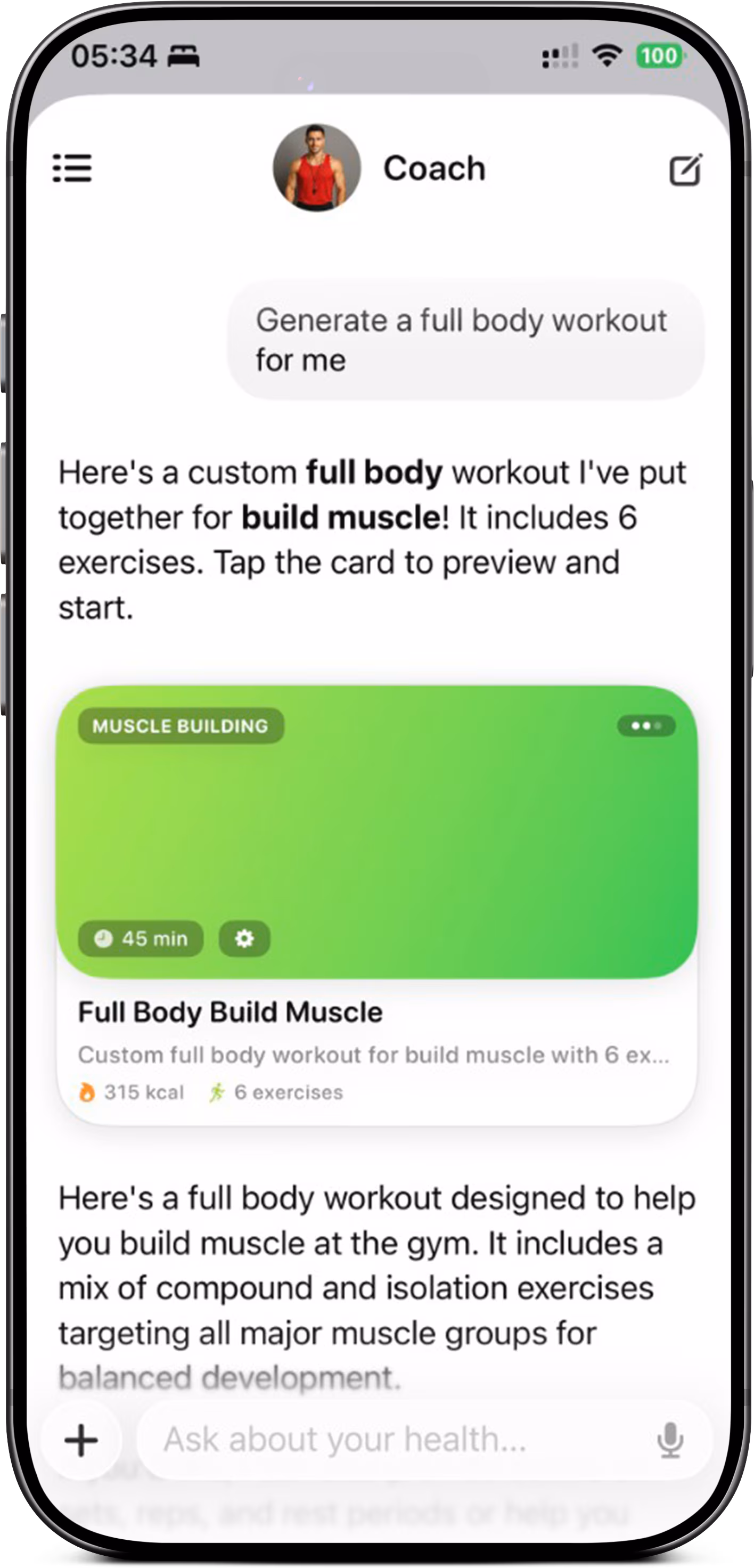 AI Coach full body workout result on iPhone