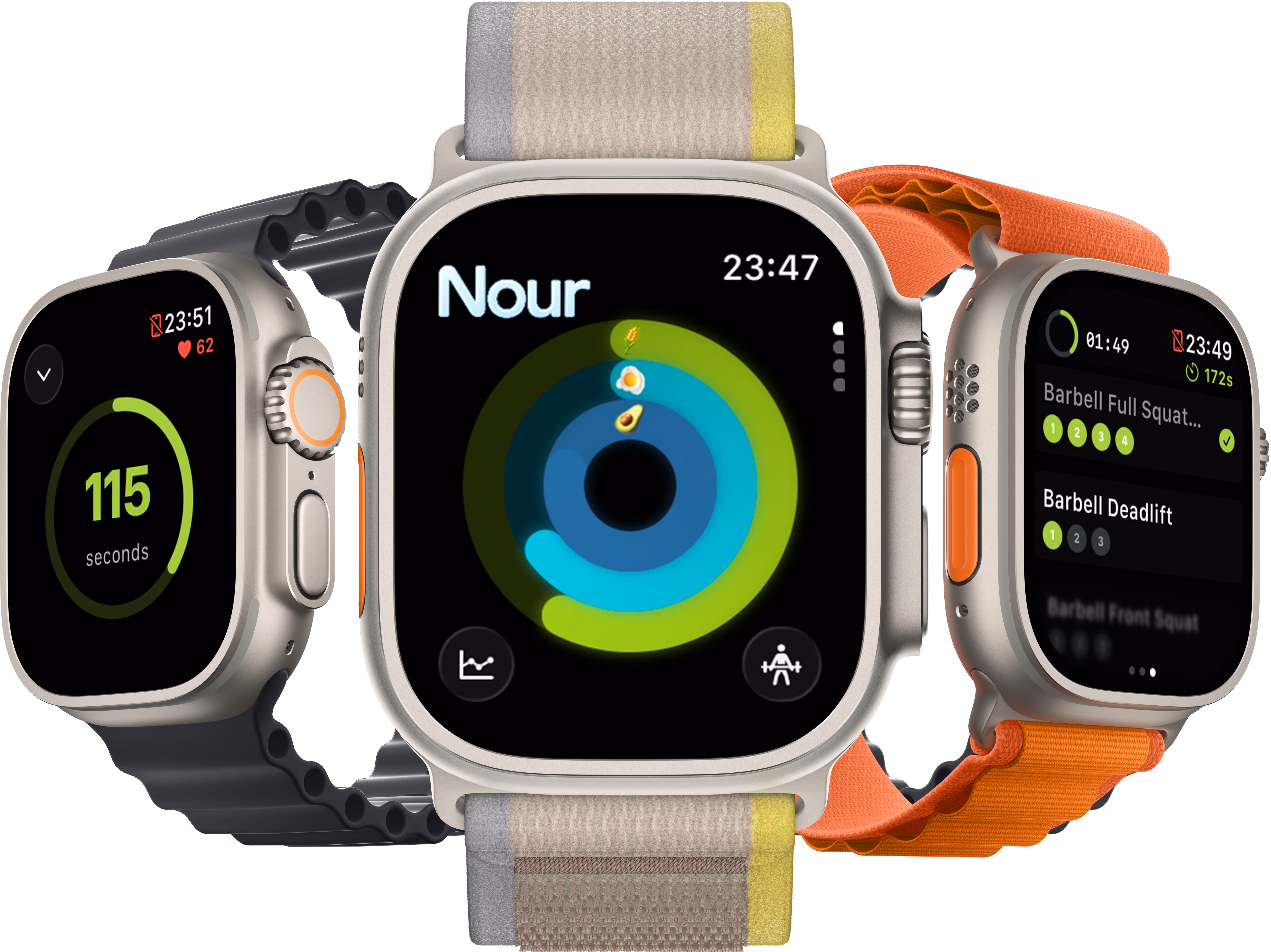 Apple Watch Ultra showing Nour app screens