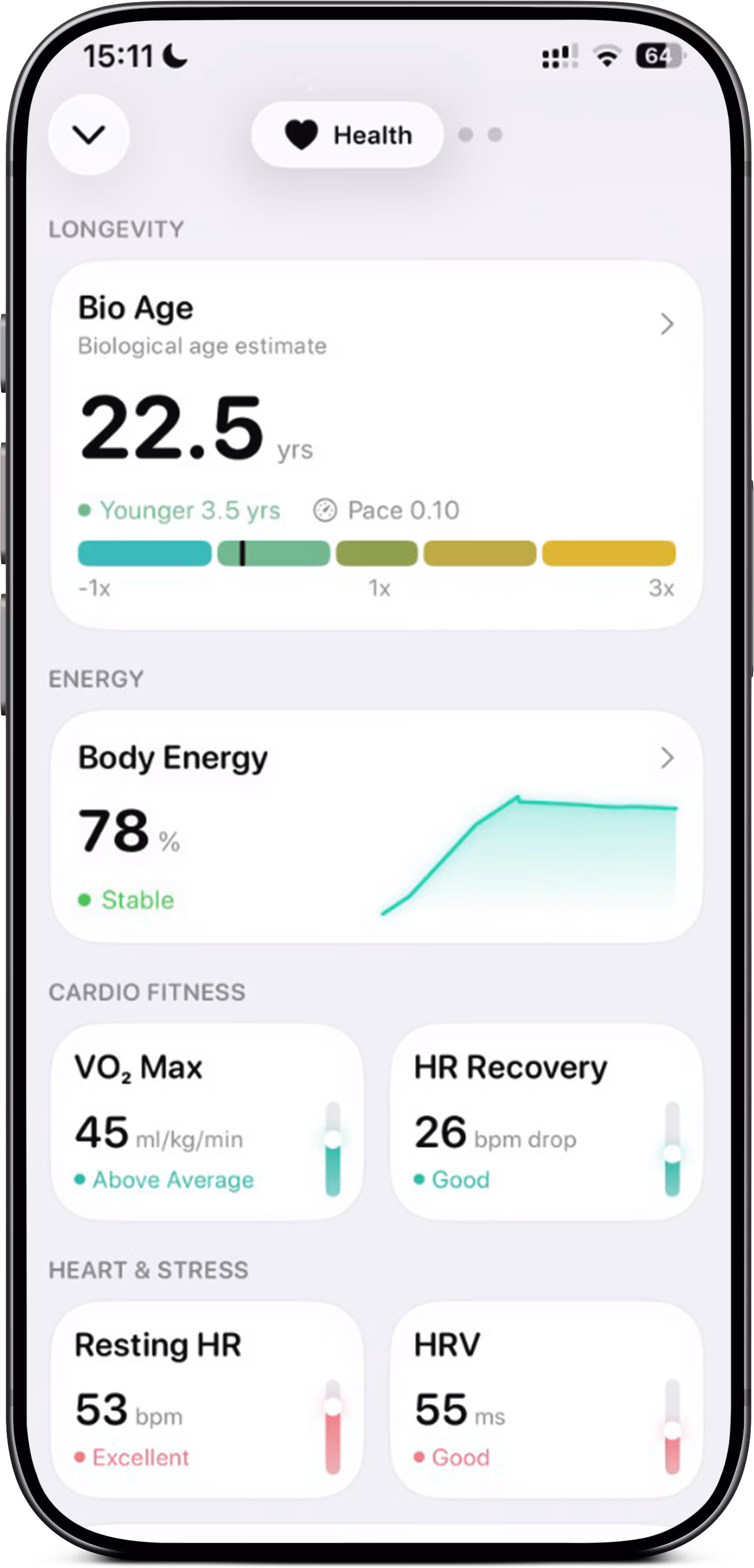 Health stats with bio age and energy on iPhone