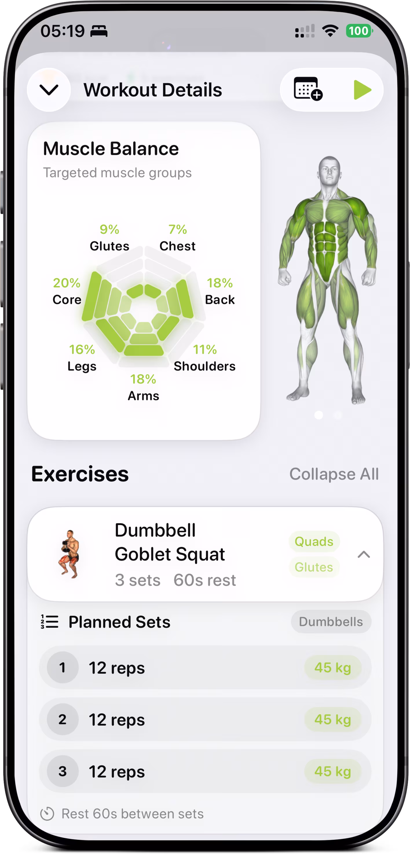 Workout muscle balance detail on iPhone